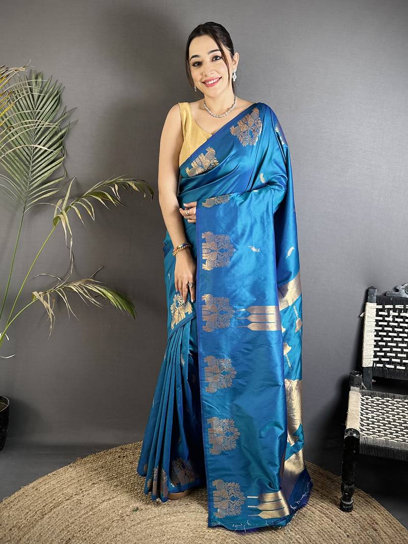 blue soft silk blend mofits zari weaving banarasi saree with unique border
