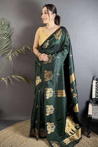 bottle green soft silk blend mofits zari weaving banarasi saree with unique border