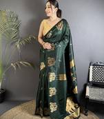 bottle green soft silk blend mofits zari weaving banarasi saree with unique border