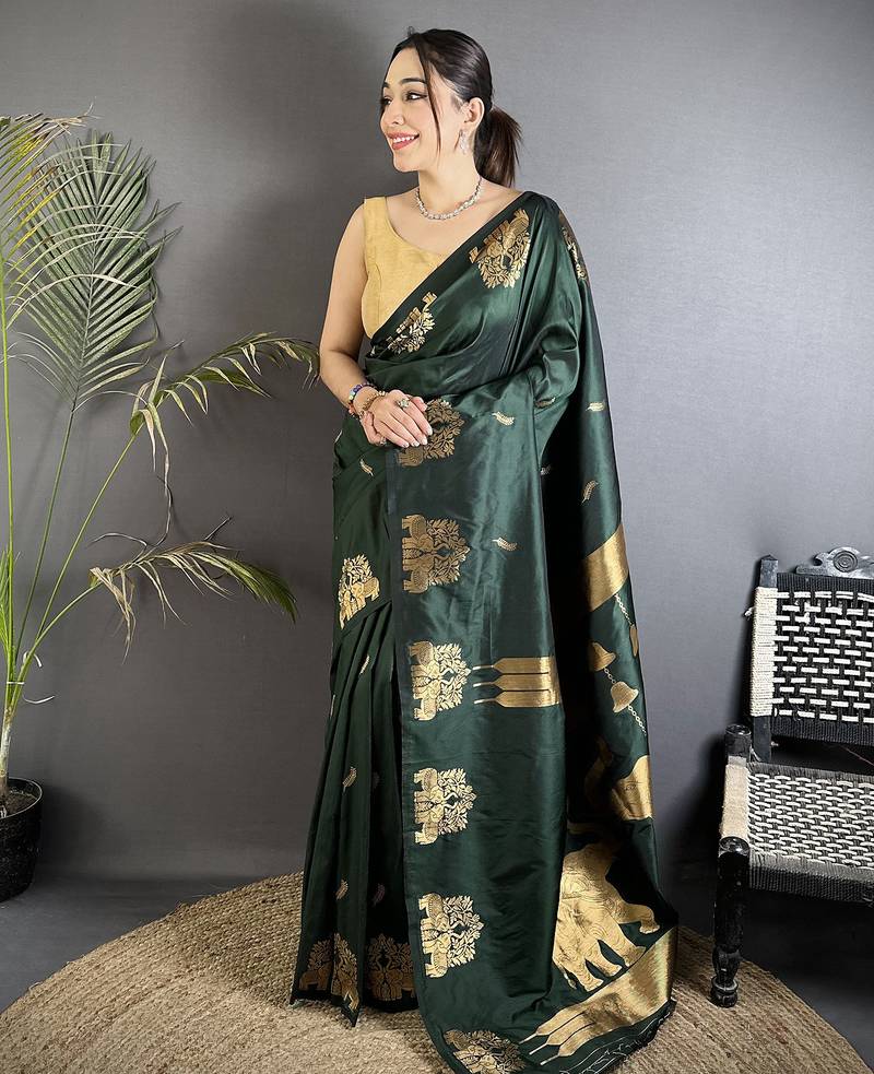 bottle green soft silk blend mofits zari weaving banarasi saree with unique border
