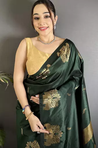 bottle green soft silk blend mofits zari weaving banarasi saree with unique border