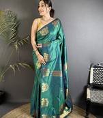 dark teal soft silk blend mofits zari weaving banarasi saree with unique border