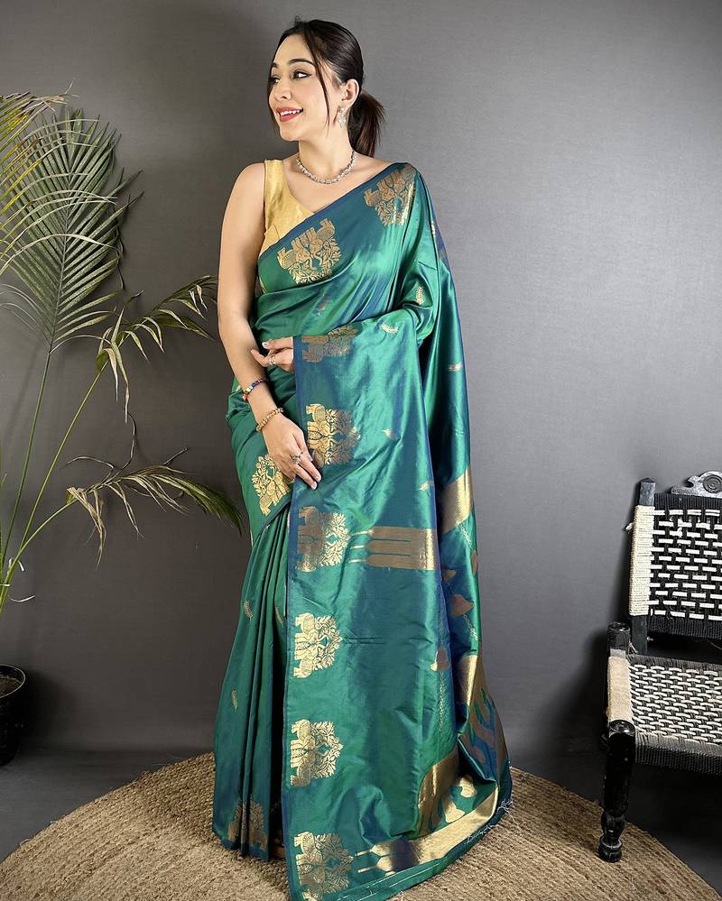 dark teal soft silk blend mofits zari weaving banarasi saree with unique border