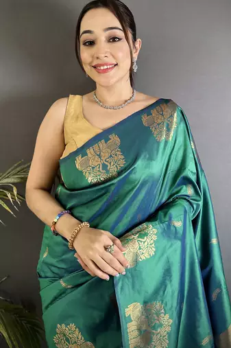 dark teal soft silk blend mofits zari weaving banarasi saree with unique border