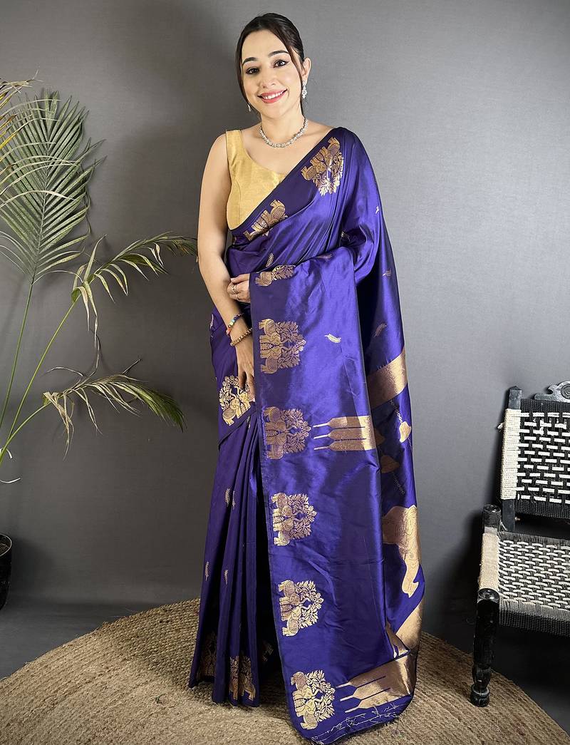 violet soft silk blend mofits zari weaving banarasi saree with unique border