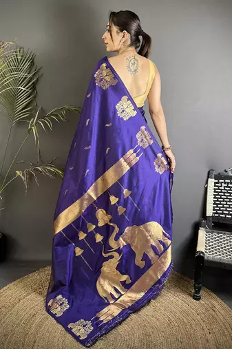 violet soft silk blend mofits zari weaving banarasi saree with unique border