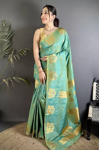 sea green soft silk blend mofits zari weaving banarasi saree with unique border