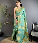 sea green soft silk blend mofits zari weaving banarasi saree with unique border