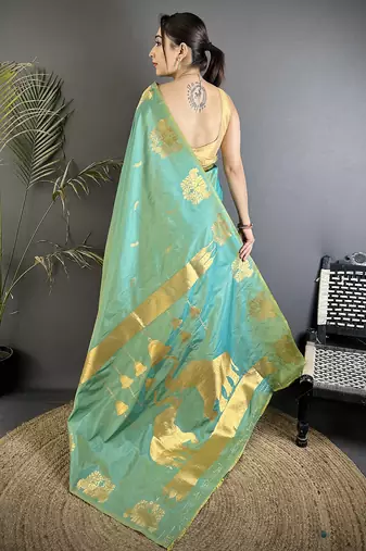 sea green soft silk blend mofits zari weaving banarasi saree with unique border