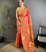 orange soft silk blend mofits zari weaving banarasi saree with unique border