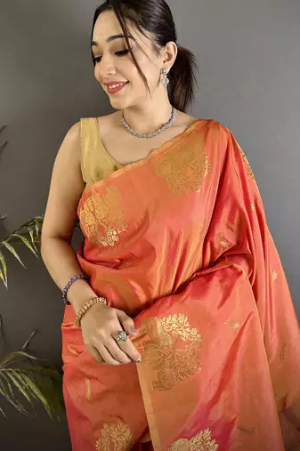 orange soft silk blend mofits zari weaving banarasi saree with unique border