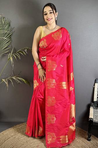 crimson red soft silk blend mofits zari weaving banarasi saree with unique border