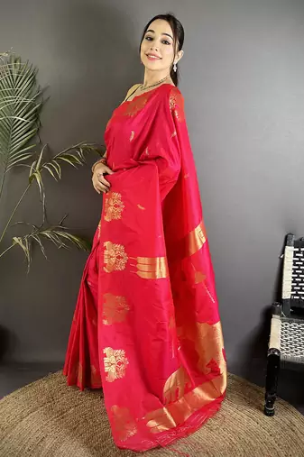 crimson red soft silk blend mofits zari weaving banarasi saree with unique border