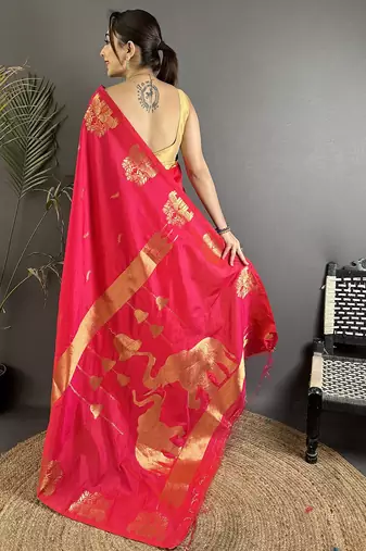 crimson red soft silk blend mofits zari weaving banarasi saree with unique border