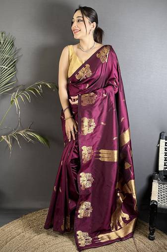 magenta soft silk blend mofits zari weaving banarasi saree with unique border