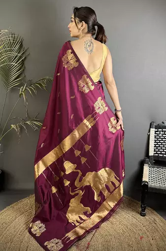 magenta soft silk blend mofits zari weaving banarasi saree with unique border