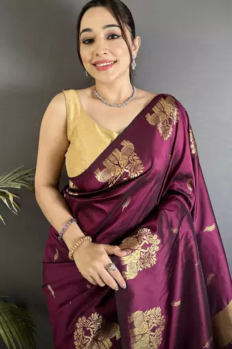 magenta soft silk blend mofits zari weaving banarasi saree with unique border
