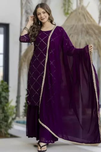 wine women's wine embroidered georgette kurta with sharara pant & lace dupatta se