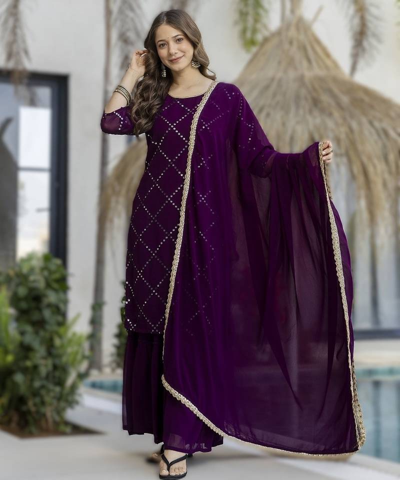 wine women's wine embroidered georgette kurta with sharara pant & lace dupatta se