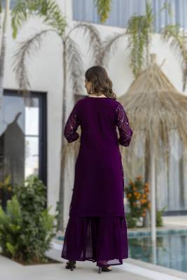 wine women's wine embroidered georgette kurta with sharara pant & lace dupatta se 2