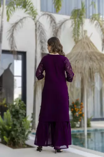 wine women's wine embroidered georgette kurta with sharara pant & lace dupatta se