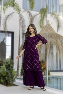 wine women's wine embroidered georgette kurta with sharara pant & lace dupatta se 3