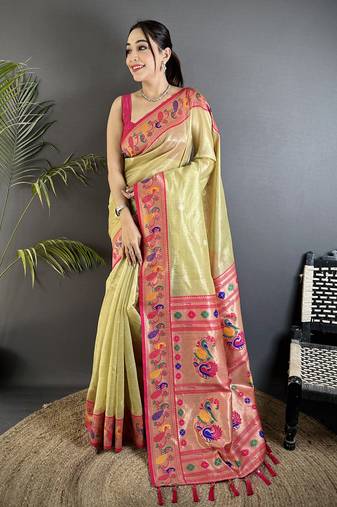golden beige tissue zari weaving minakari work paithani saree with mor border