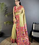 golden beige tissue zari weaving minakari work paithani saree with mor border