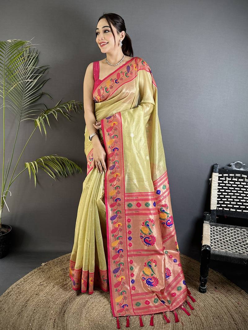golden beige tissue zari weaving minakari work paithani saree with mor border
