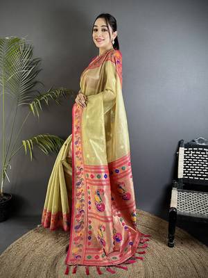 golden beige tissue zari weaving minakari work paithani saree with mor border 2
