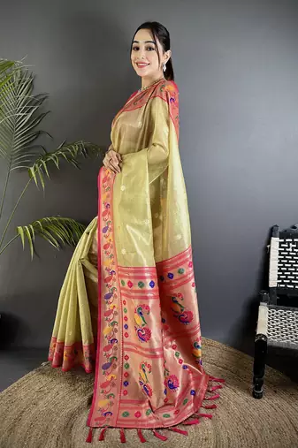 golden beige tissue zari weaving minakari work paithani saree with mor border