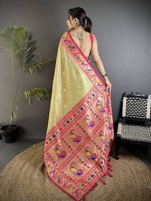 golden beige tissue zari weaving minakari work paithani saree with mor border 3