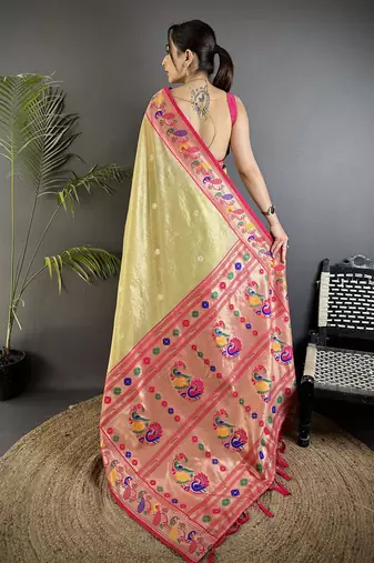 golden beige tissue zari weaving minakari work paithani saree with mor border