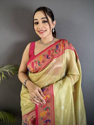 golden beige tissue zari weaving minakari work paithani saree with mor border 4