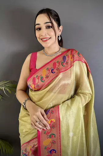 golden beige tissue zari weaving minakari work paithani saree with mor border