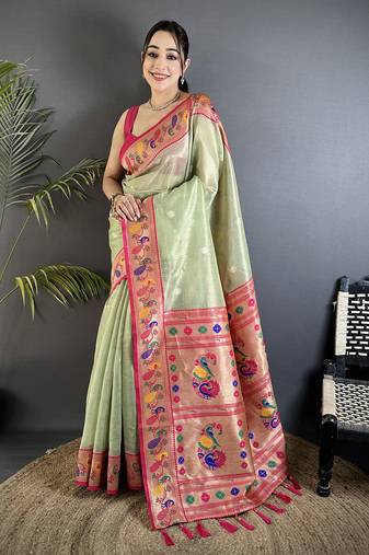 pista green tissue zari weaving minakari work paithani saree with mor border