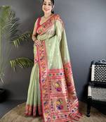 pista green tissue zari weaving minakari work paithani saree with mor border