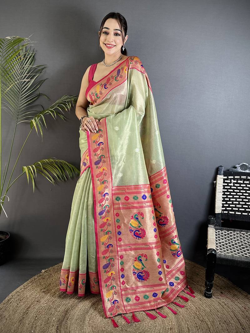 pista green tissue zari weaving minakari work paithani saree with mor border