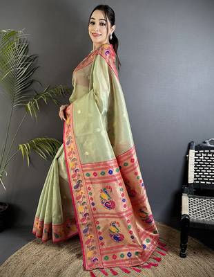 pista green tissue zari weaving minakari work paithani saree with mor border 2