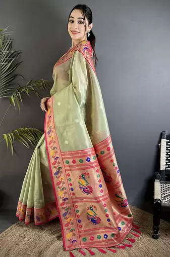 pista green tissue zari weaving minakari work paithani saree with mor border