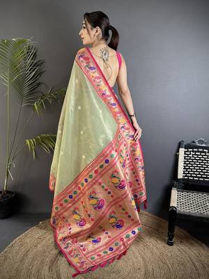 pista green tissue zari weaving minakari work paithani saree with mor border 3