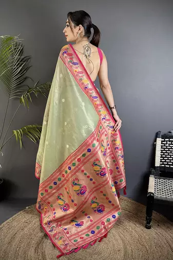 pista green tissue zari weaving minakari work paithani saree with mor border