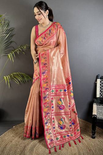 dark peach tissue zari weaving minakari work paithani saree with mor border