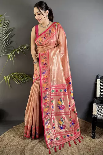 dark peach tissue zari weaving minakari work paithani saree with mor border
