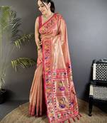 dark peach tissue zari weaving minakari work paithani saree with mor border