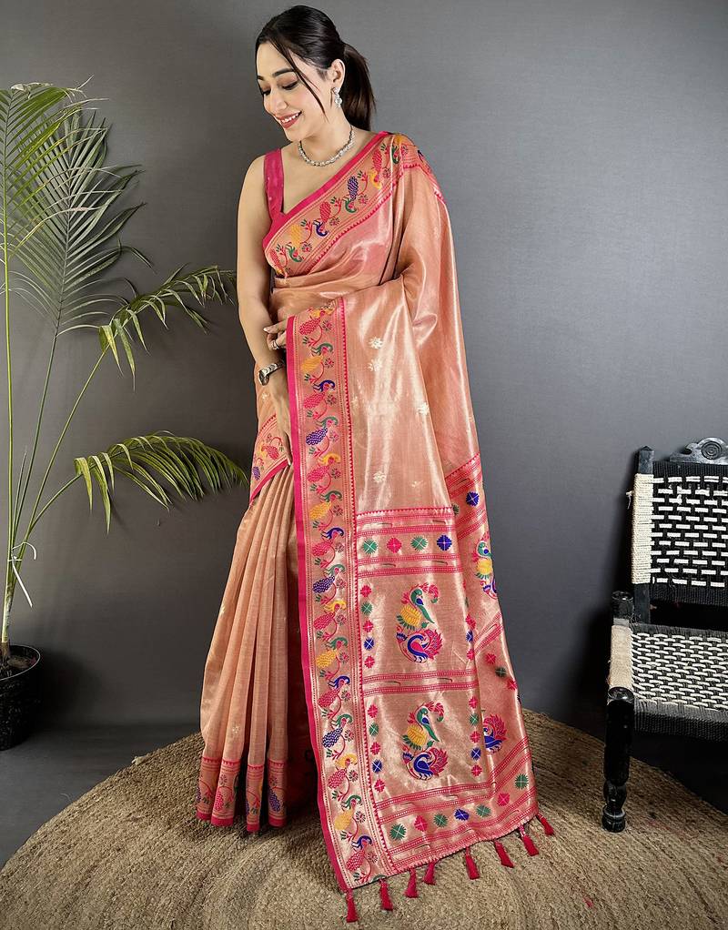 dark peach tissue zari weaving minakari work paithani saree with mor border