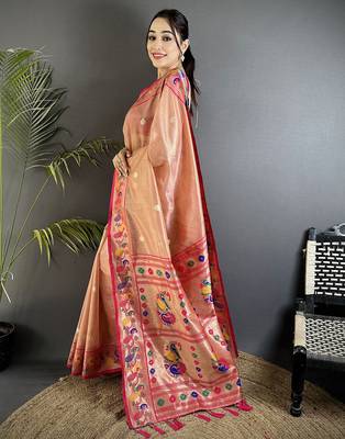 dark peach tissue zari weaving minakari work paithani saree with mor border 2