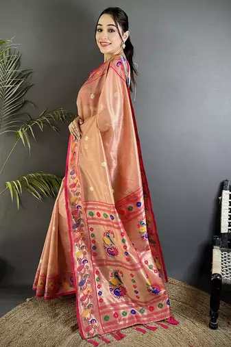 dark peach tissue zari weaving minakari work paithani saree with mor border