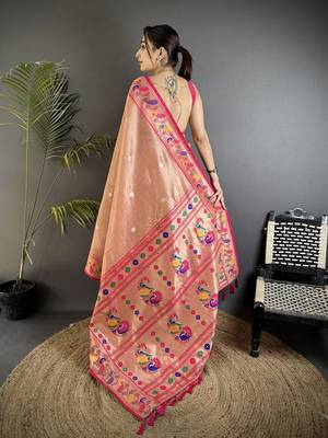 dark peach tissue zari weaving minakari work paithani saree with mor border 3