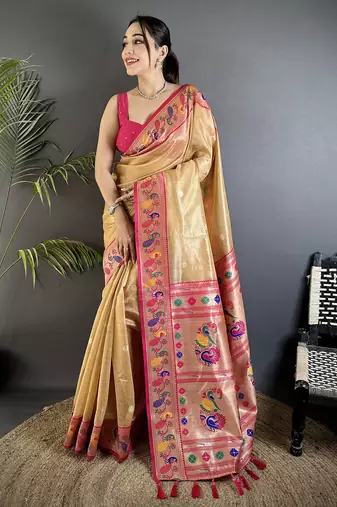 beige tissue zari weaving minakari work paithani saree with mor border